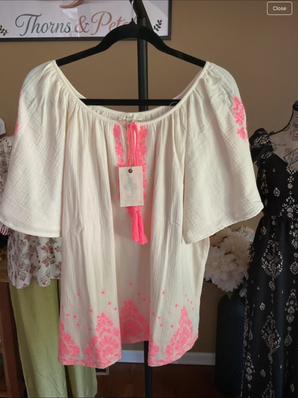 Easel Cream Peasant Tunic with Neon Pink Embroidery